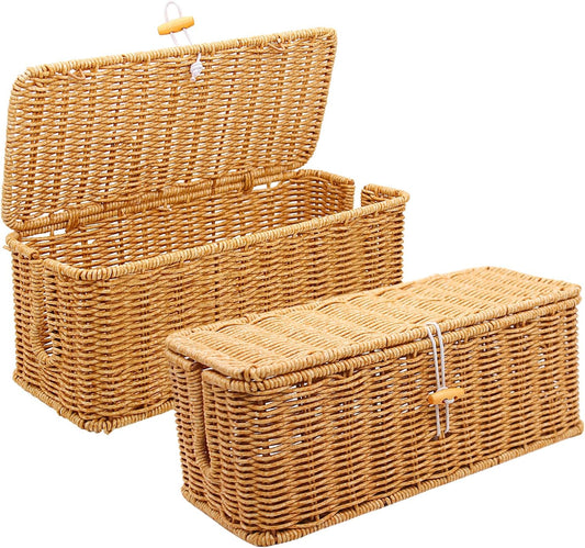 2PCS Cable Management Box, Handmade Rattan Cable Organizer, Open Slots Cords Hider Box, Under Desk Cord Organizer for Computer Router USB Hub & Power Strip