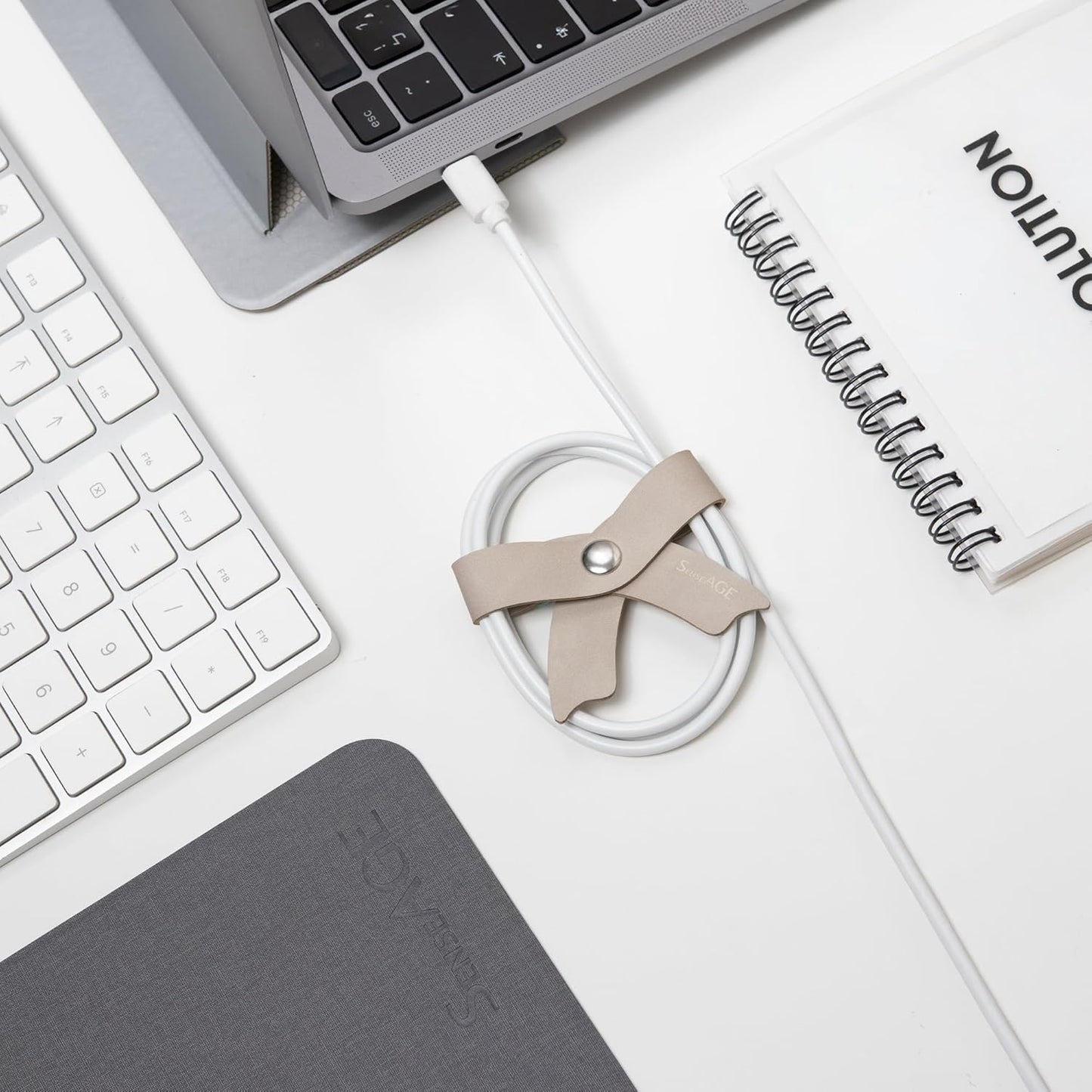 SenseAGE 5 Pack Cord Organizer, Bow Cord Keeper, Cable Organizer USB holder, Leather Cable Management, Cable Straps, Earphone winder, Storage Straps for Electronics, Earbuds (Baby Blue, Small)