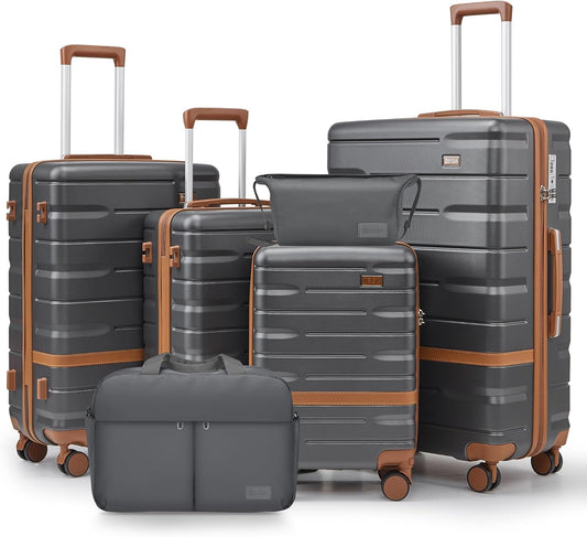 Luggage Sets Lightweight Hard Shell Suitcases with Spinner Wheels for Family Travel - Durable PC+ABS Material Carry On Luggage YKK Zippers (Gray, 6 Piece Sets (18/20/24/28/DB/TB))