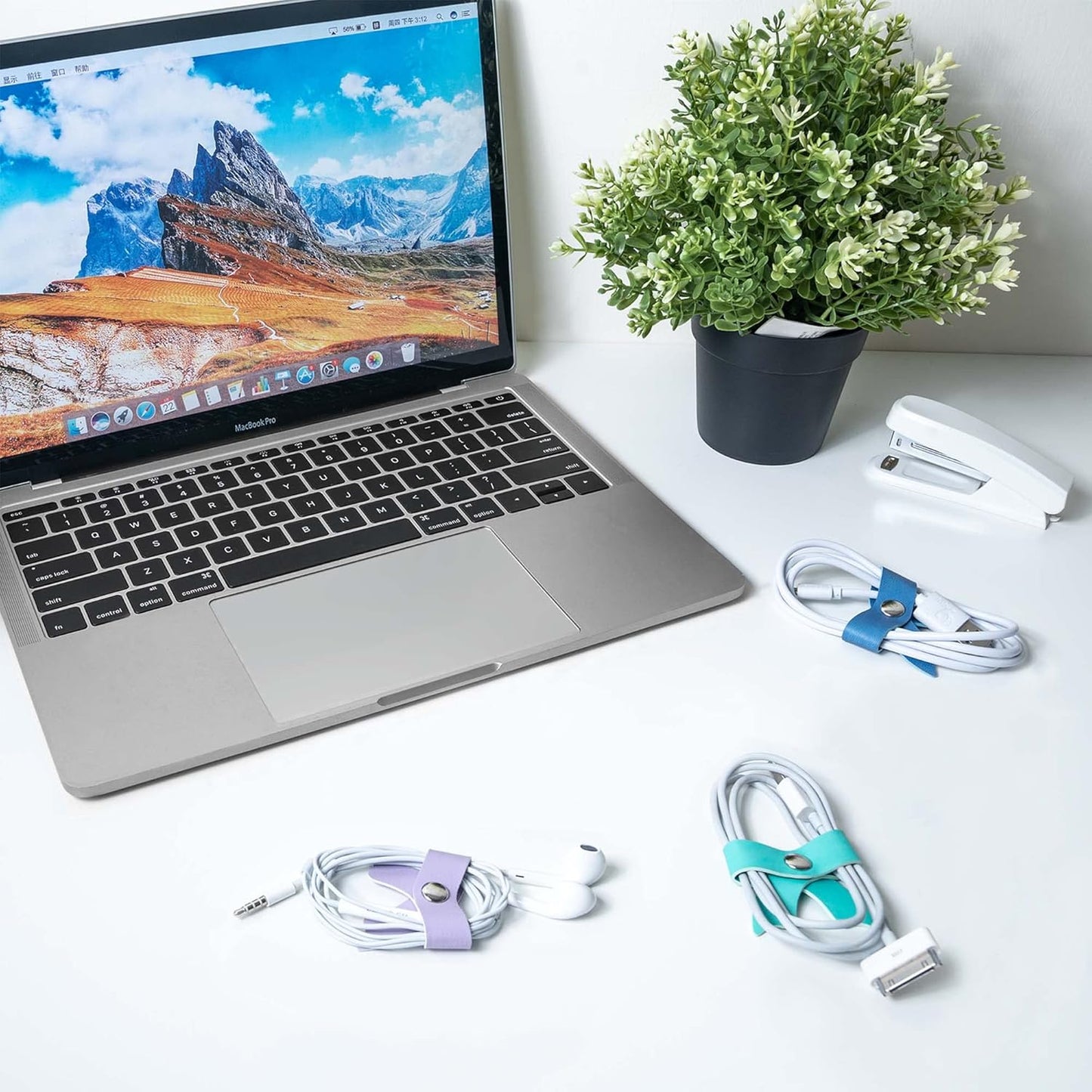 SenseAGE 5 Pack Cord Organizer, Bow Cord Keeper, Cable Organizer USB Holder, Leather Cable Management, Cable Straps, Earphone Winder, Storage Straps for Electronics, Earbuds, Small, Purple