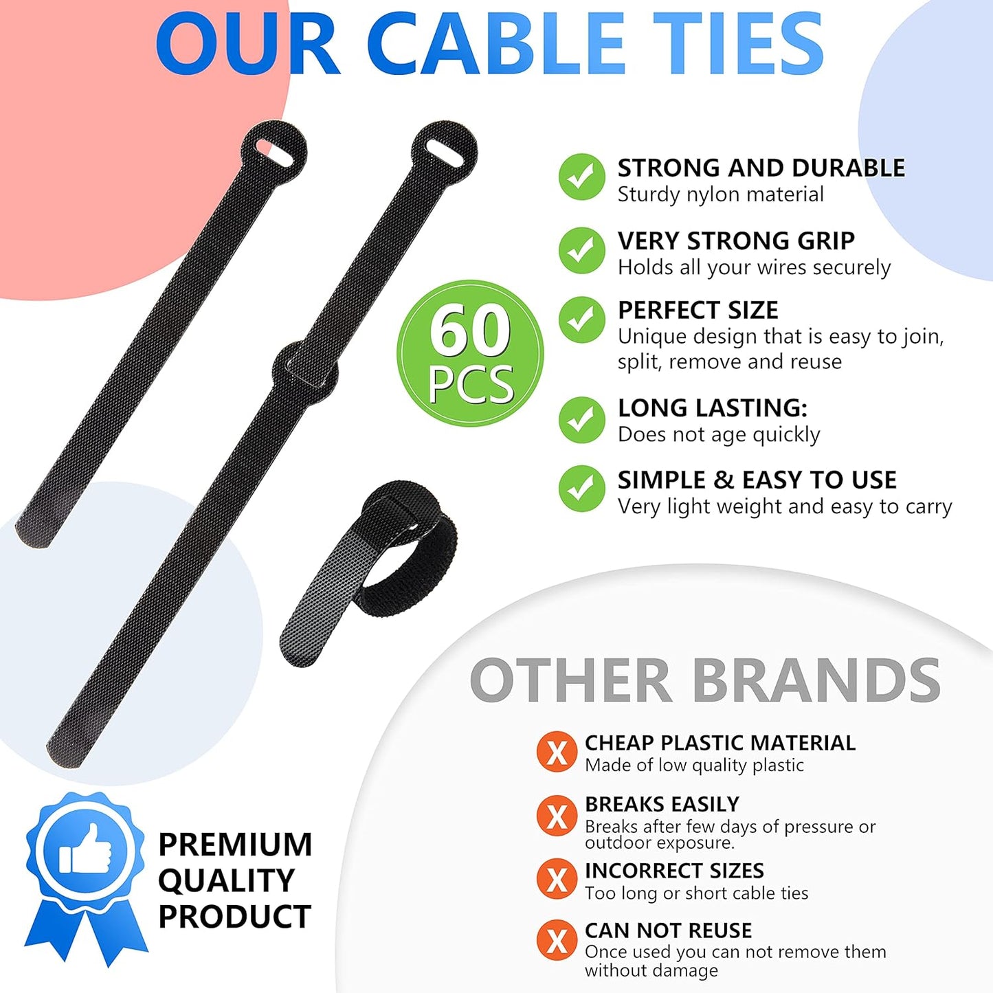 60x Cable Management Ties, Cord Wraps Black 6 Inches, Reusable Tidy Wire Ties for Cords, PC, TV, Computer & Desk