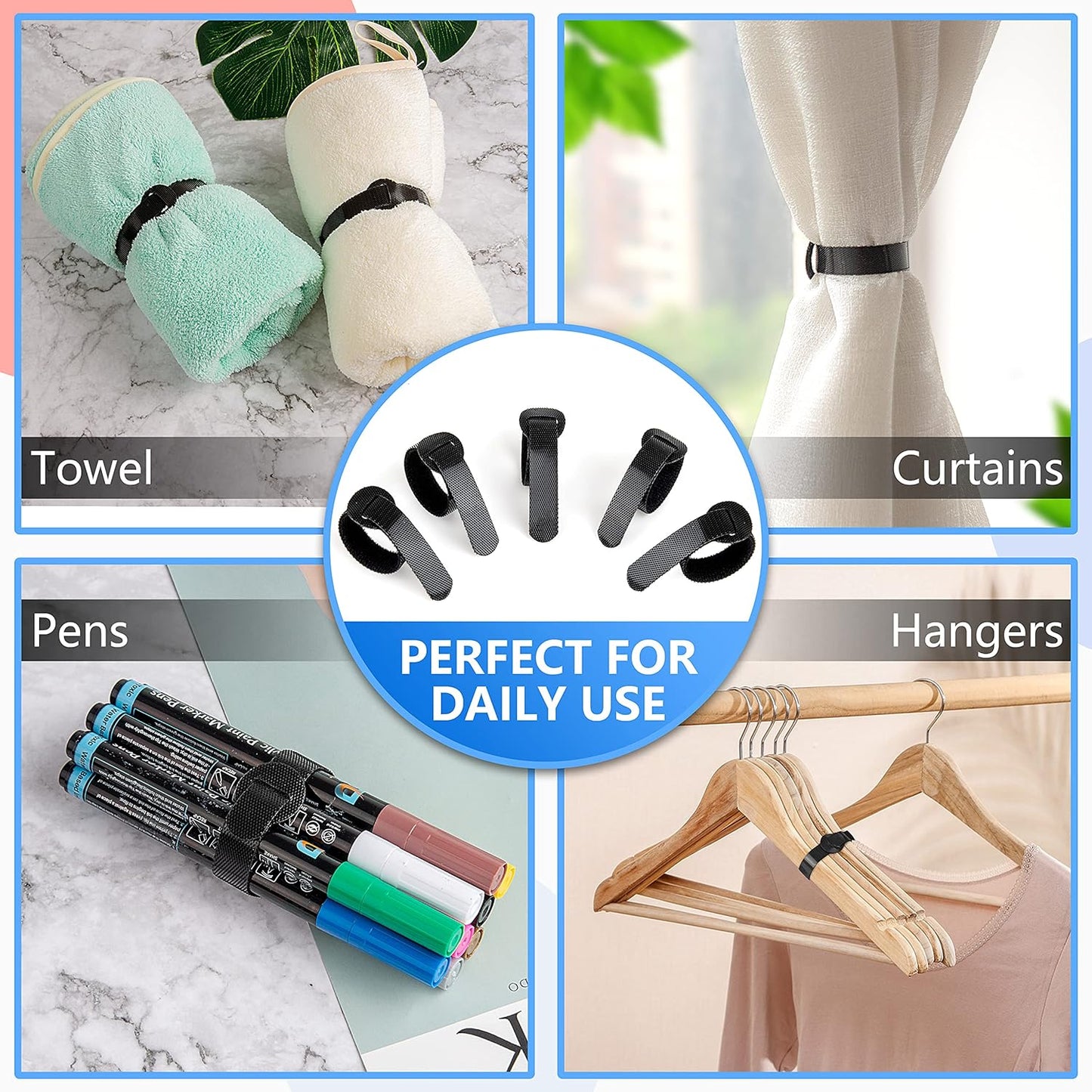 60x Cable Management Ties, Cord Wraps Black 6 Inches, Reusable Tidy Wire Ties for Cords, PC, TV, Computer & Desk