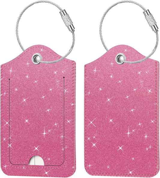 Fintie Luggage Tags, Privacy Cover ID Label with Stainless Steel Loop and Address Card for Travel Bag Suitcase - Sparkling Rose Red (2 Piece)