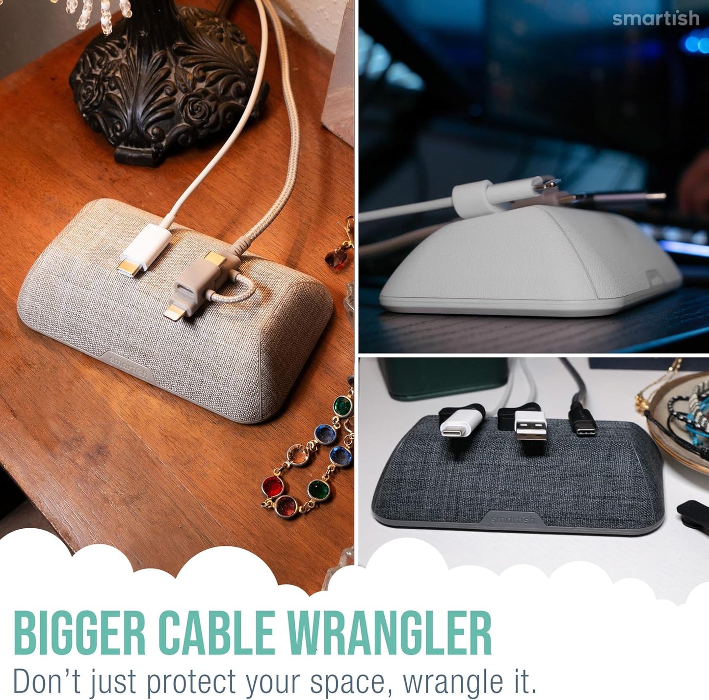 Smartish® Magnetic Cord Holder - Bigger Cable Wrangler Organizer with Magnet Clips for Charger Management on Desktop, Nightstand, or Side Table - Holds 6+ Cables - Snow Day White